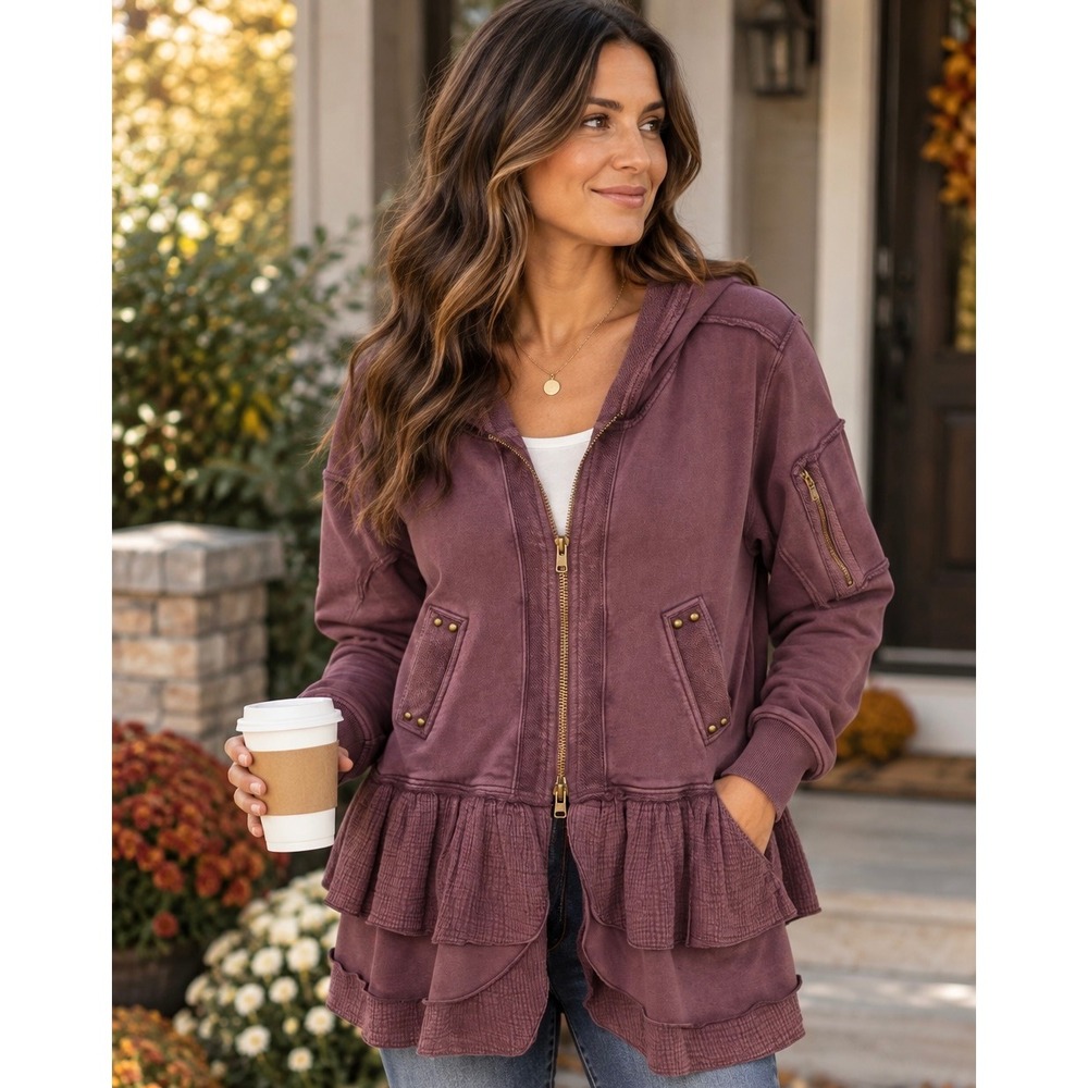 Free People Hoodie Jacket Purple Ruffle Hem Boho Utility Size M